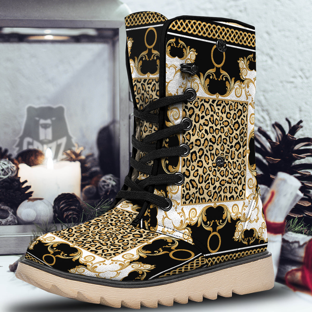 Golden Baroque And Leopard Print Snow Boots-grizzshop