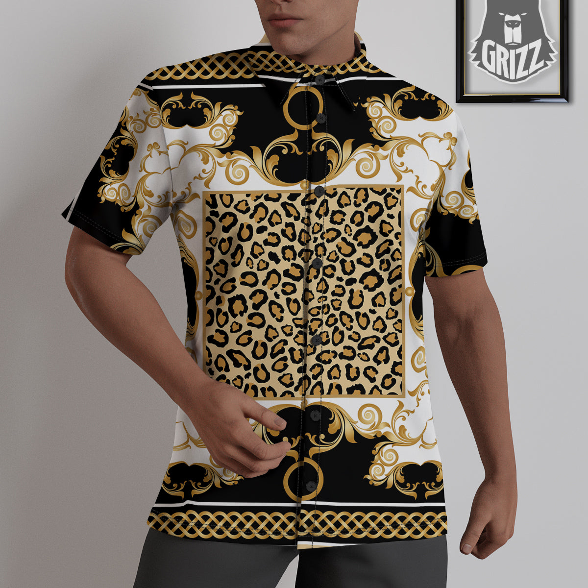 Golden Baroque And Leopard Print Untucked Shirts-grizzshop