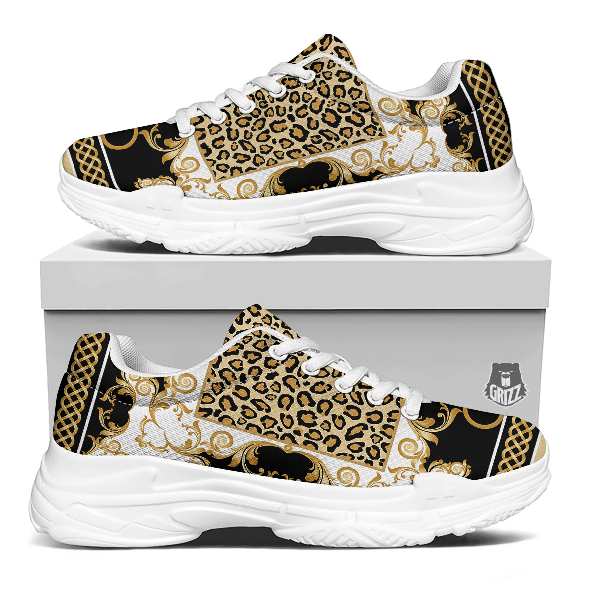 Golden Baroque And Leopard Print White Chunky Shoes-grizzshop