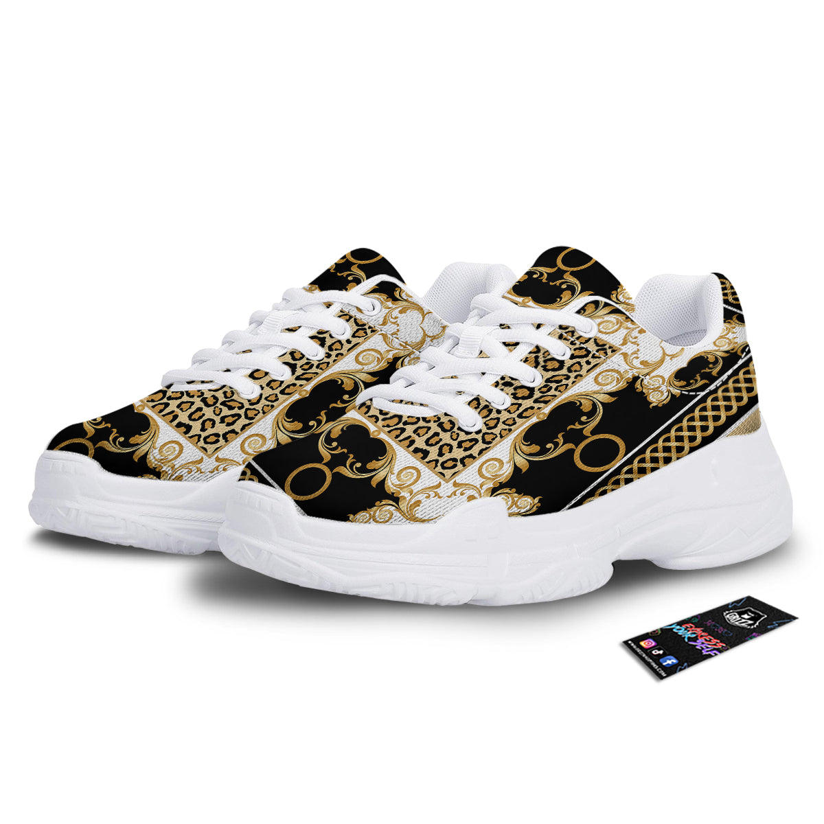 Golden Baroque And Leopard Print White Chunky Shoes-grizzshop