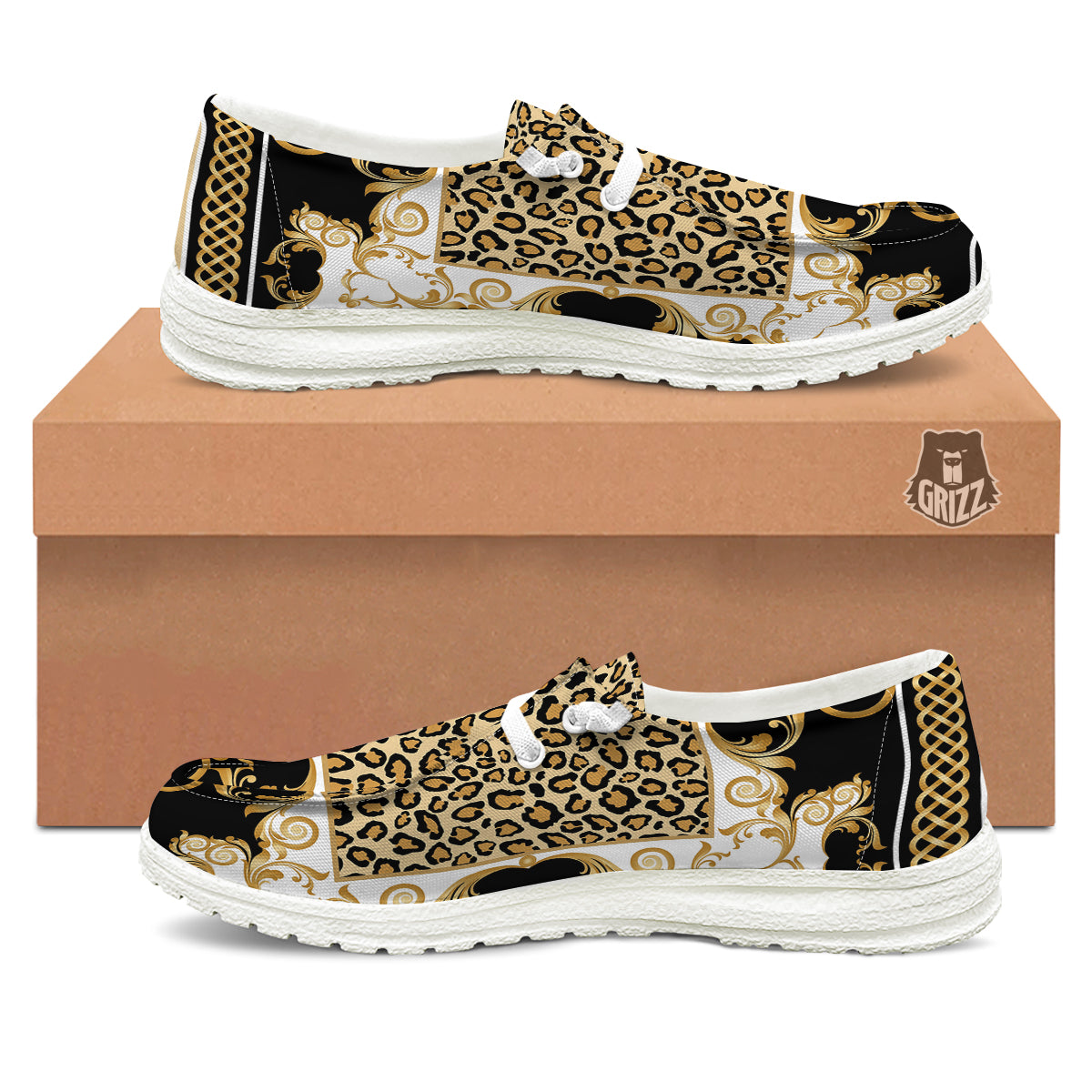 Golden Baroque And Leopard Print White Loafers-grizzshop