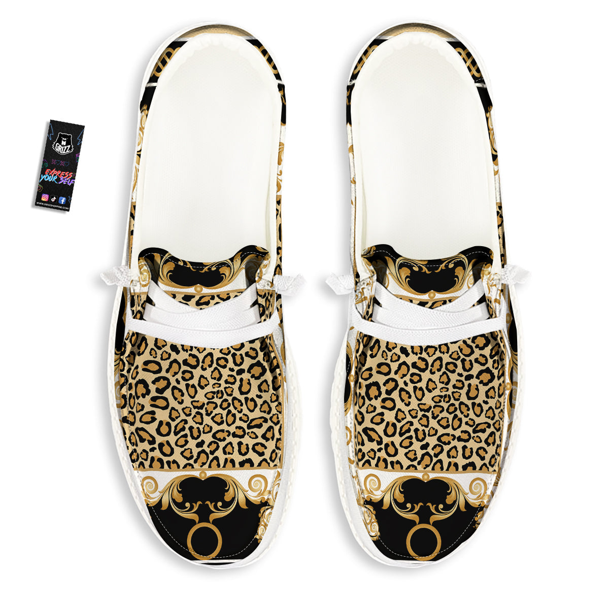 Golden Baroque And Leopard Print White Loafers-grizzshop
