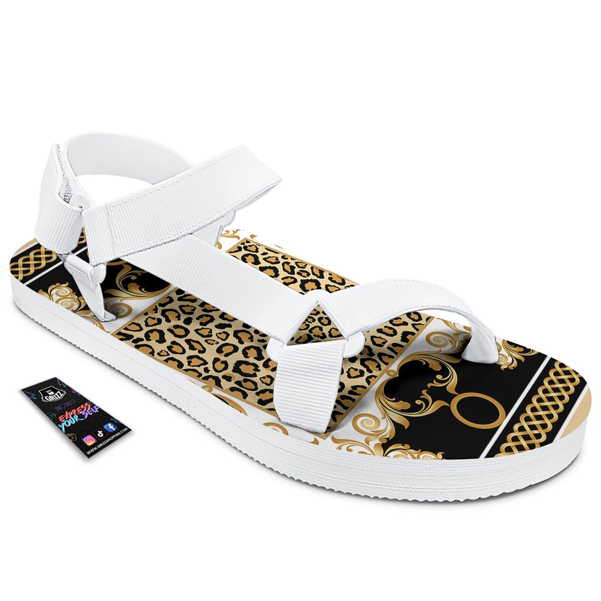 Golden Baroque And Leopard Print White Open Toe Sandals-grizzshop