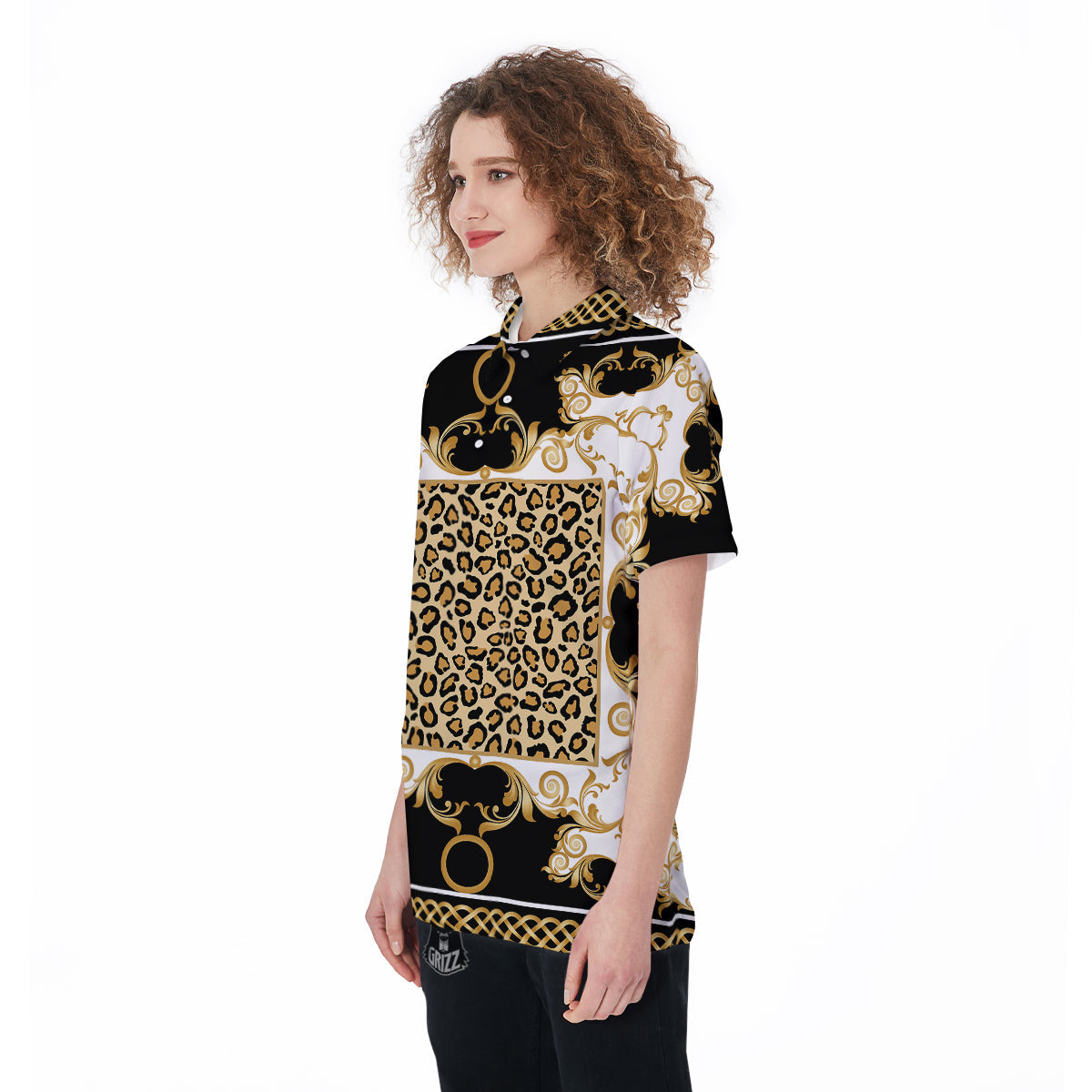 Golden Baroque And Leopard Print Women's Golf Shirts-grizzshop