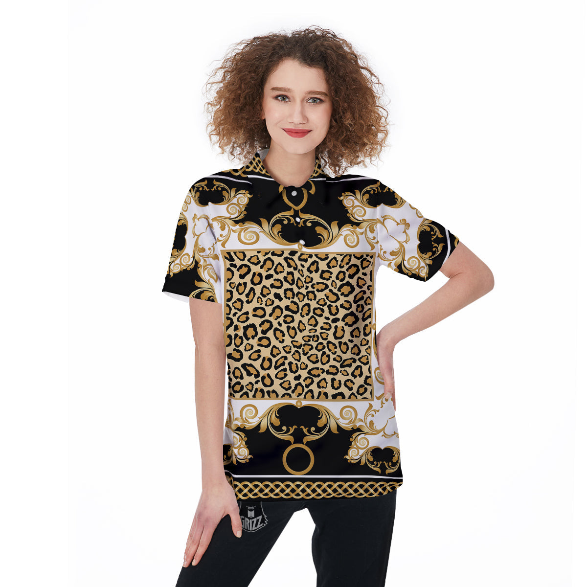 Golden Baroque And Leopard Print Women's Golf Shirts-grizzshop