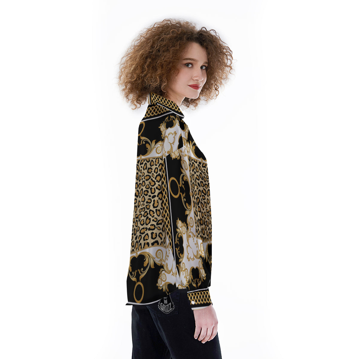 Golden Baroque And Leopard Print Women's Long Sleeve Shirts-grizzshop