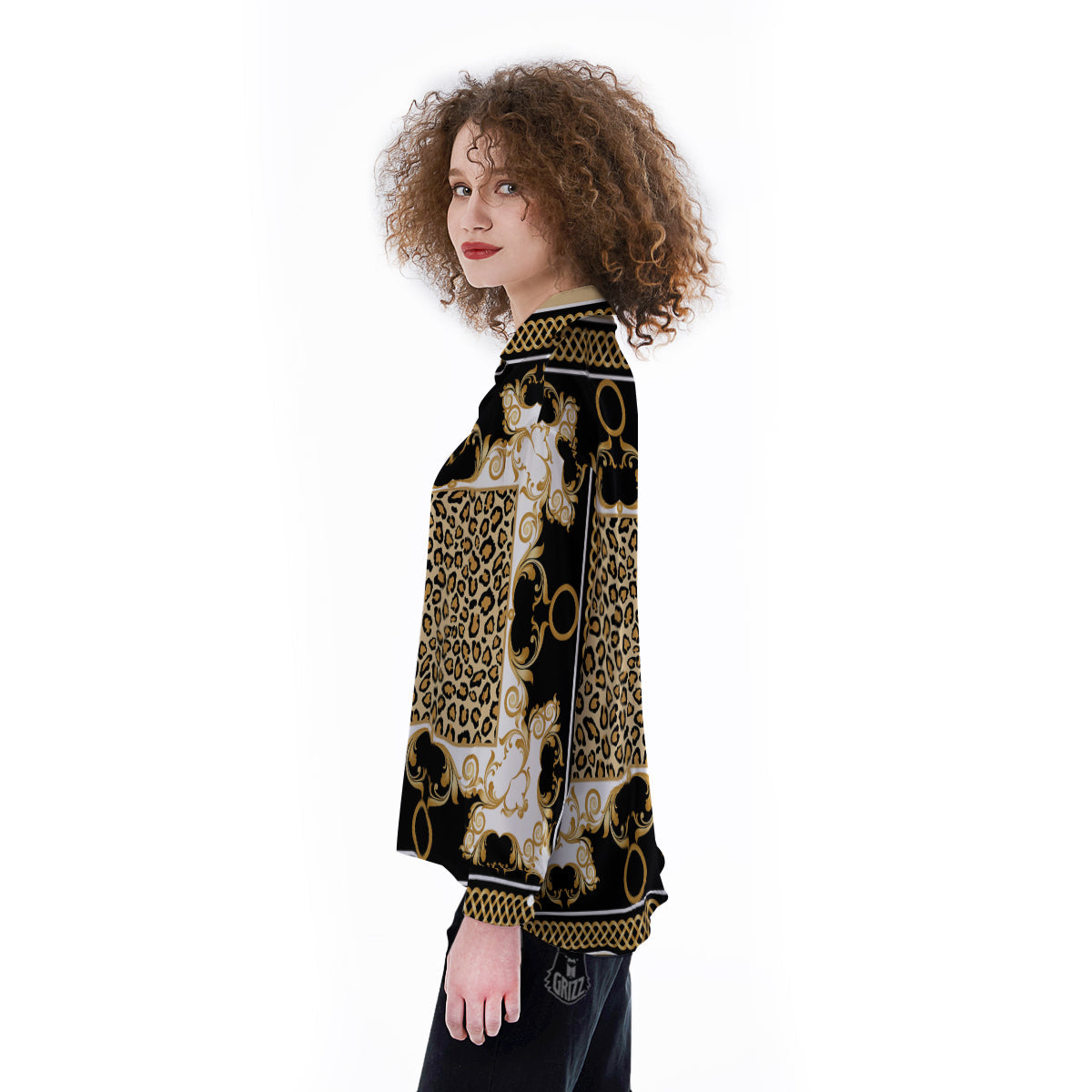 Golden Baroque And Leopard Print Women's Long Sleeve Shirts-grizzshop