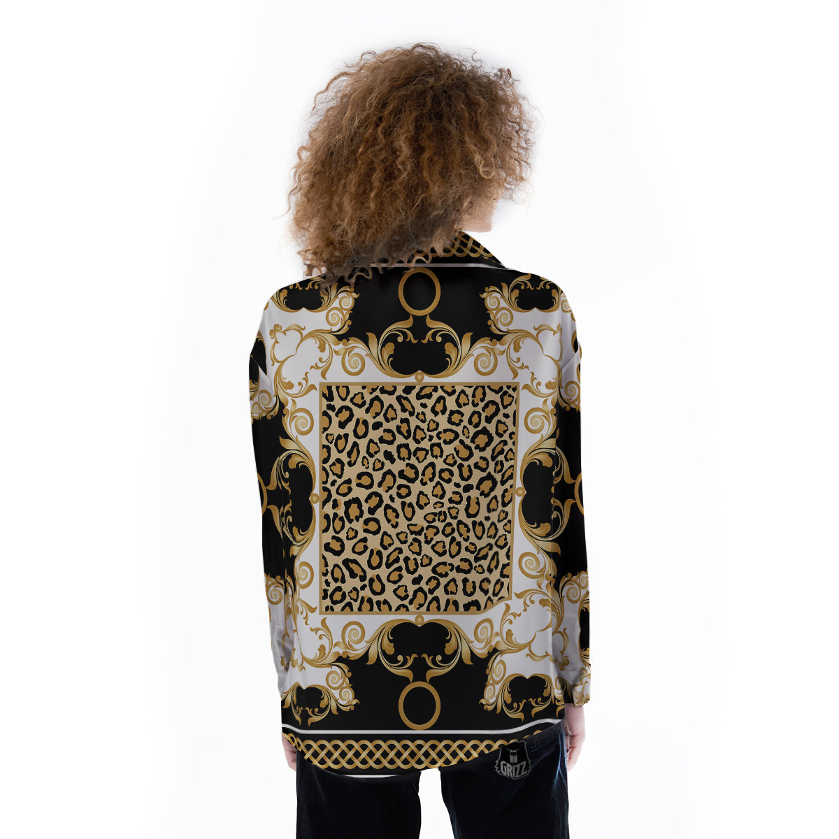 Golden Baroque And Leopard Print Women's Long Sleeve Shirts-grizzshop