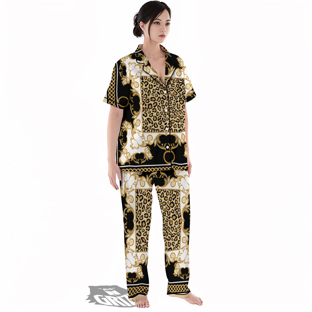Golden Baroque And Leopard Print Women's Pajamas Set-grizzshop