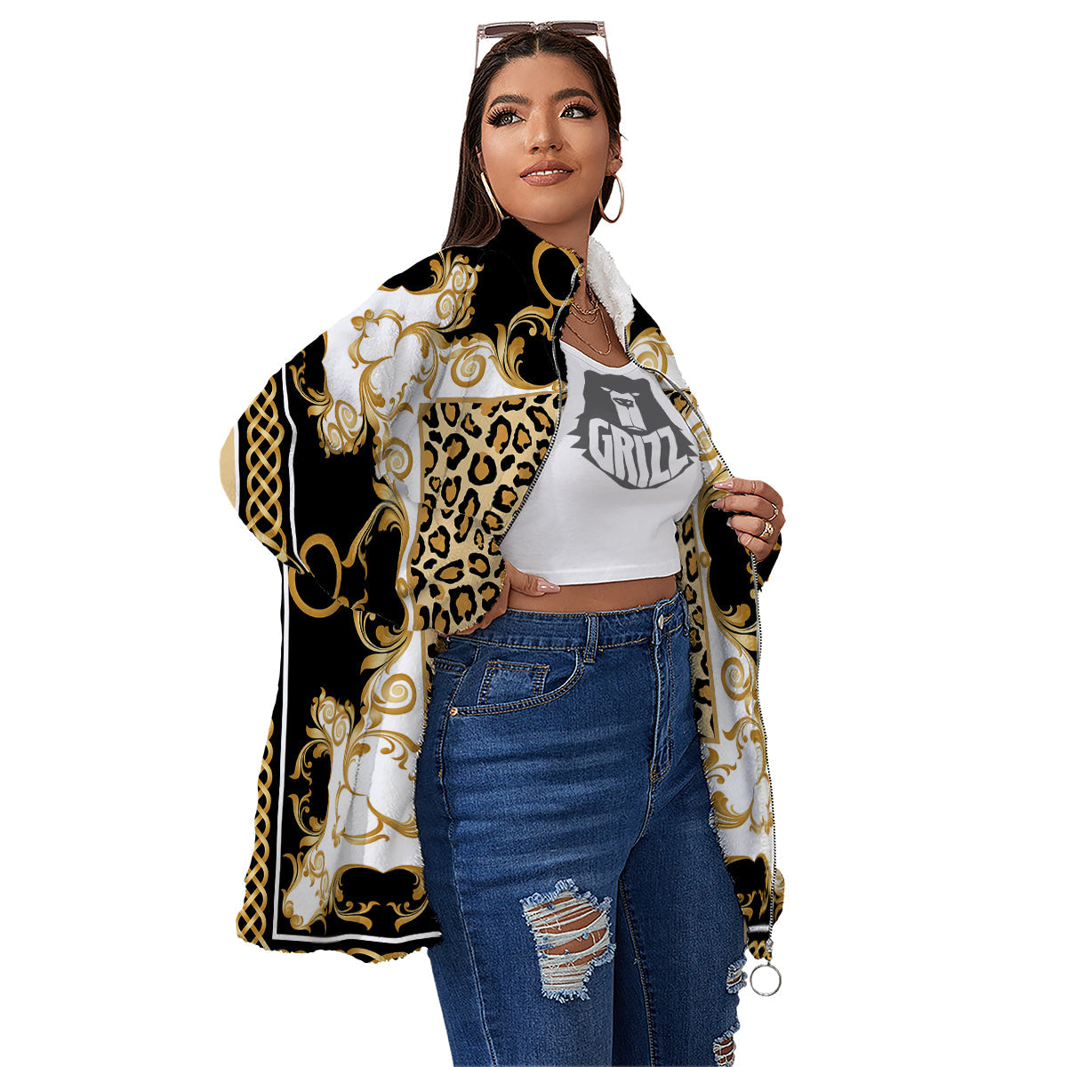 Golden Baroque And Leopard Print Women's Sherpa Jacket-grizzshop