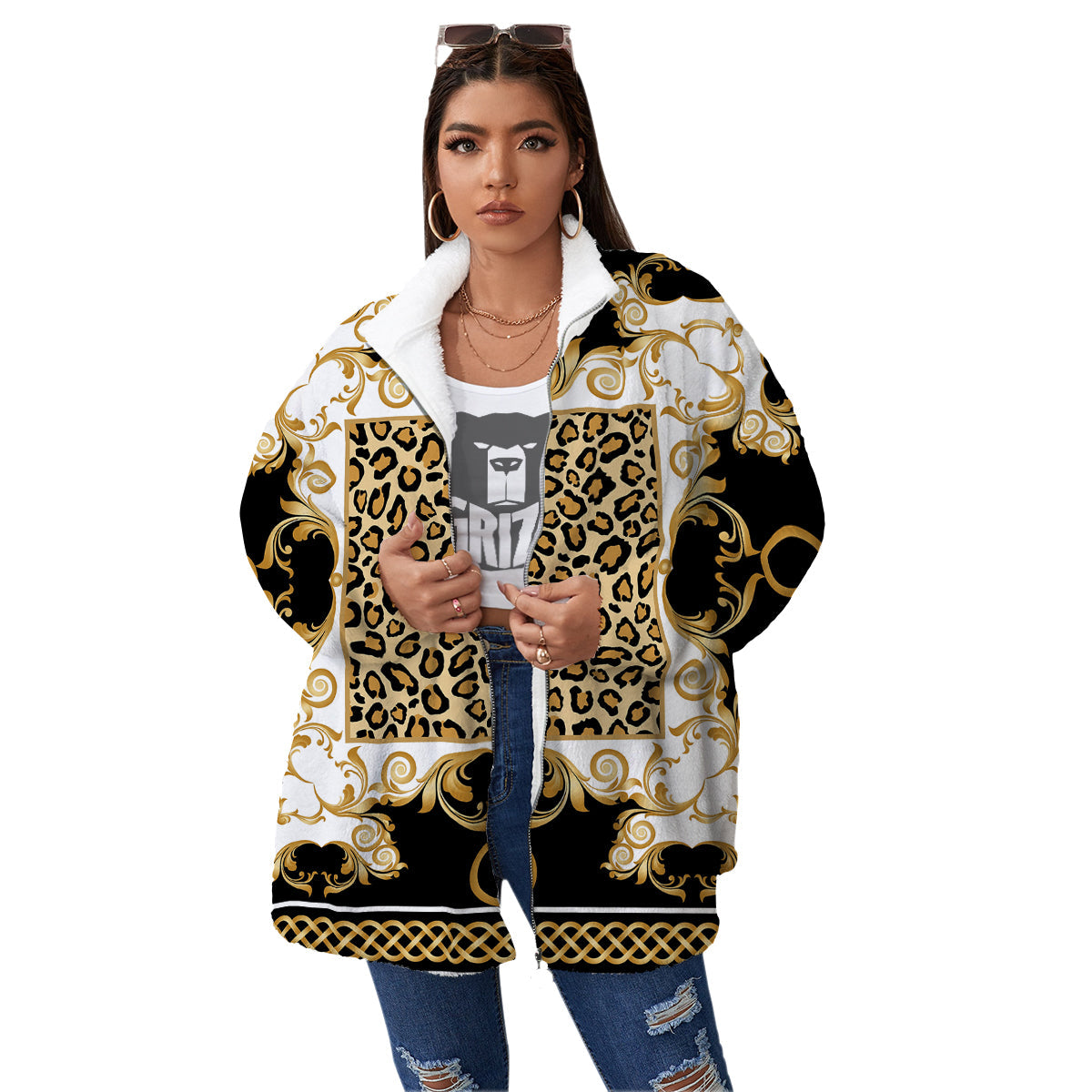 Golden Baroque And Leopard Print Women's Sherpa Jacket-grizzshop