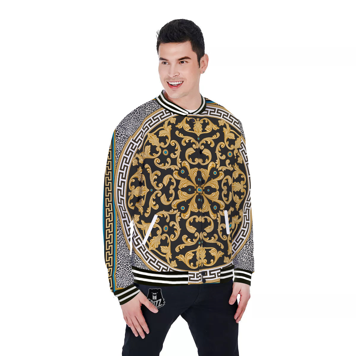 Golden Baroque Leopard Skin Print Baseball Jacket-grizzshop