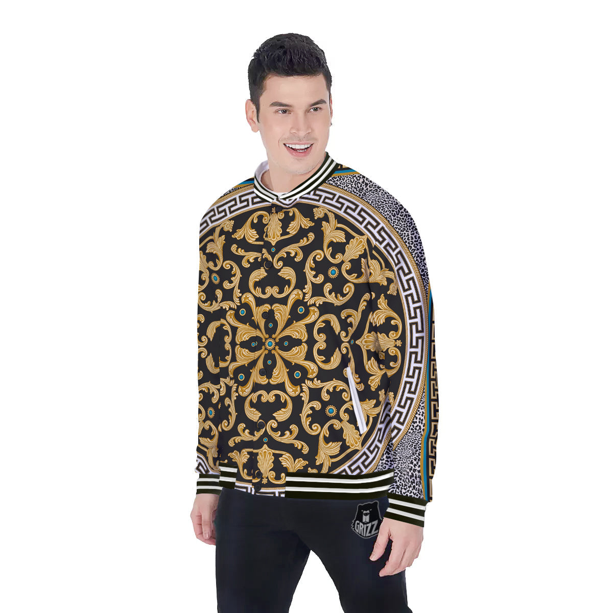 Golden Baroque Leopard Skin Print Baseball Jacket-grizzshop