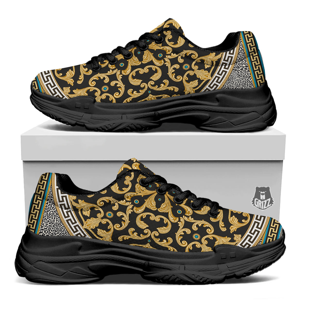 Golden Baroque Leopard Skin Print Black Chunky Shoes-grizzshop