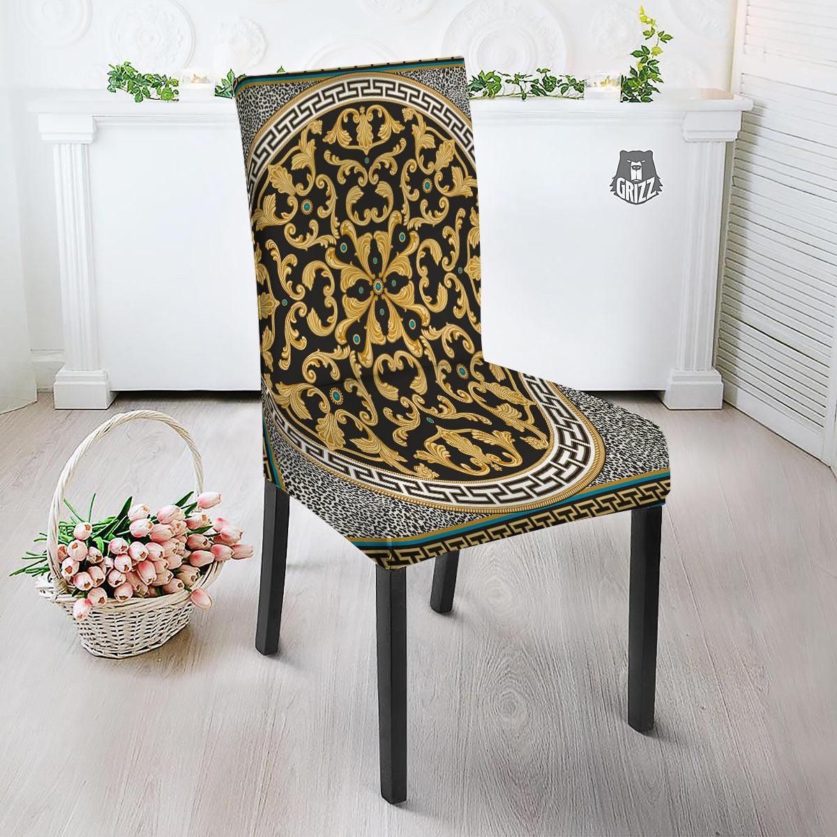 Golden Baroque Leopard Skin Print Dining Chair Slipcover-grizzshop