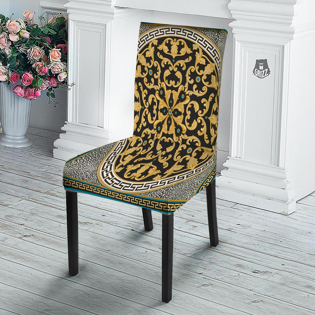 Golden Baroque Leopard Skin Print Dining Chair Slipcover-grizzshop