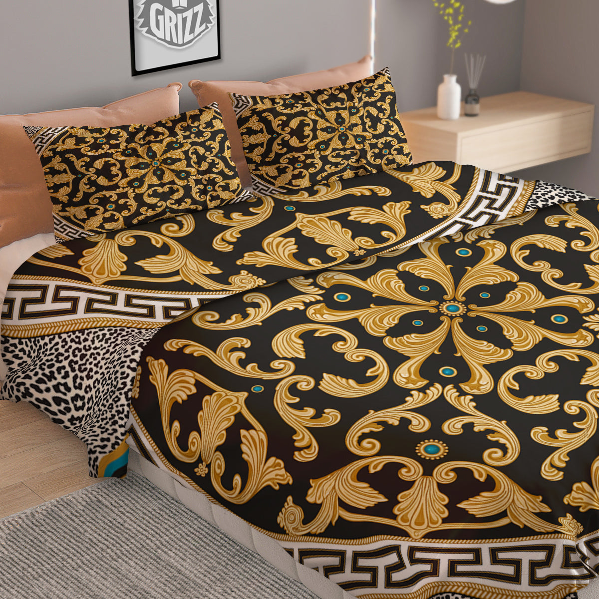 Golden Baroque Leopard Skin Print Duvet Cover Bedding Set