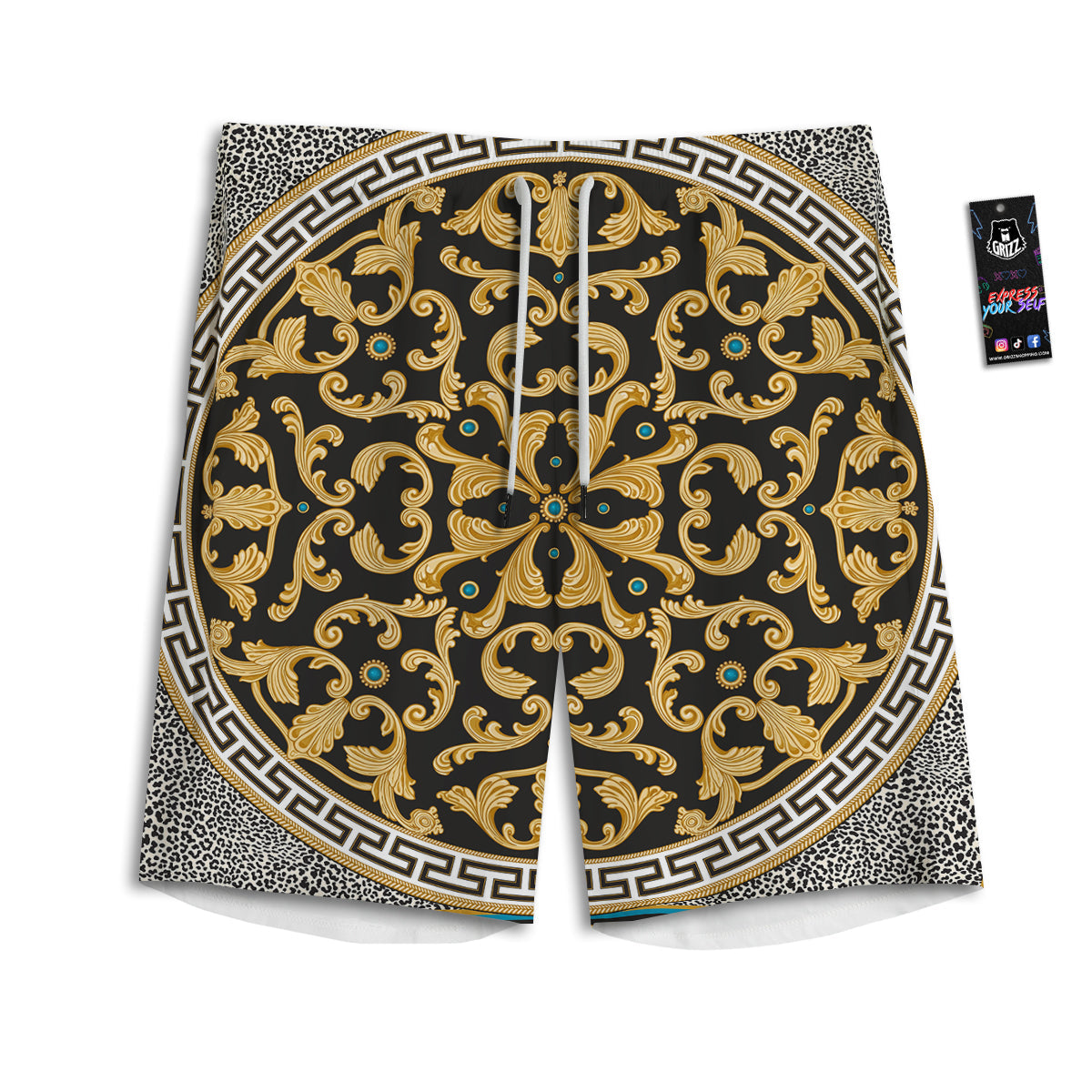 Golden Baroque Leopard Skin Print Men's Athletic Shorts