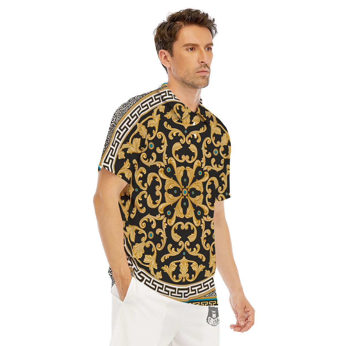 Golden Baroque Leopard Skin Print Men's Golf Shirts-grizzshop