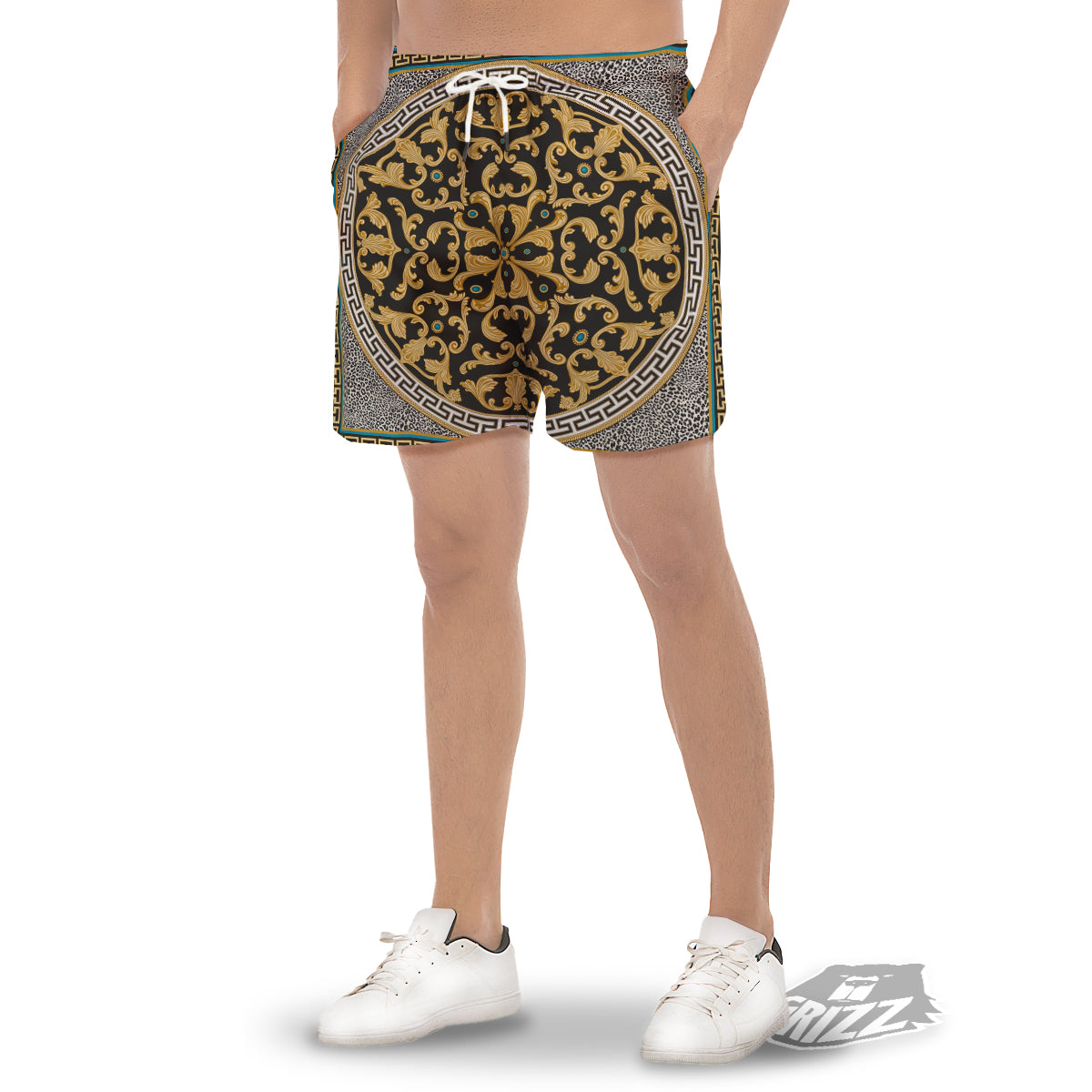 Golden Baroque Leopard Skin Print Men's Gym Shorts-grizzshop