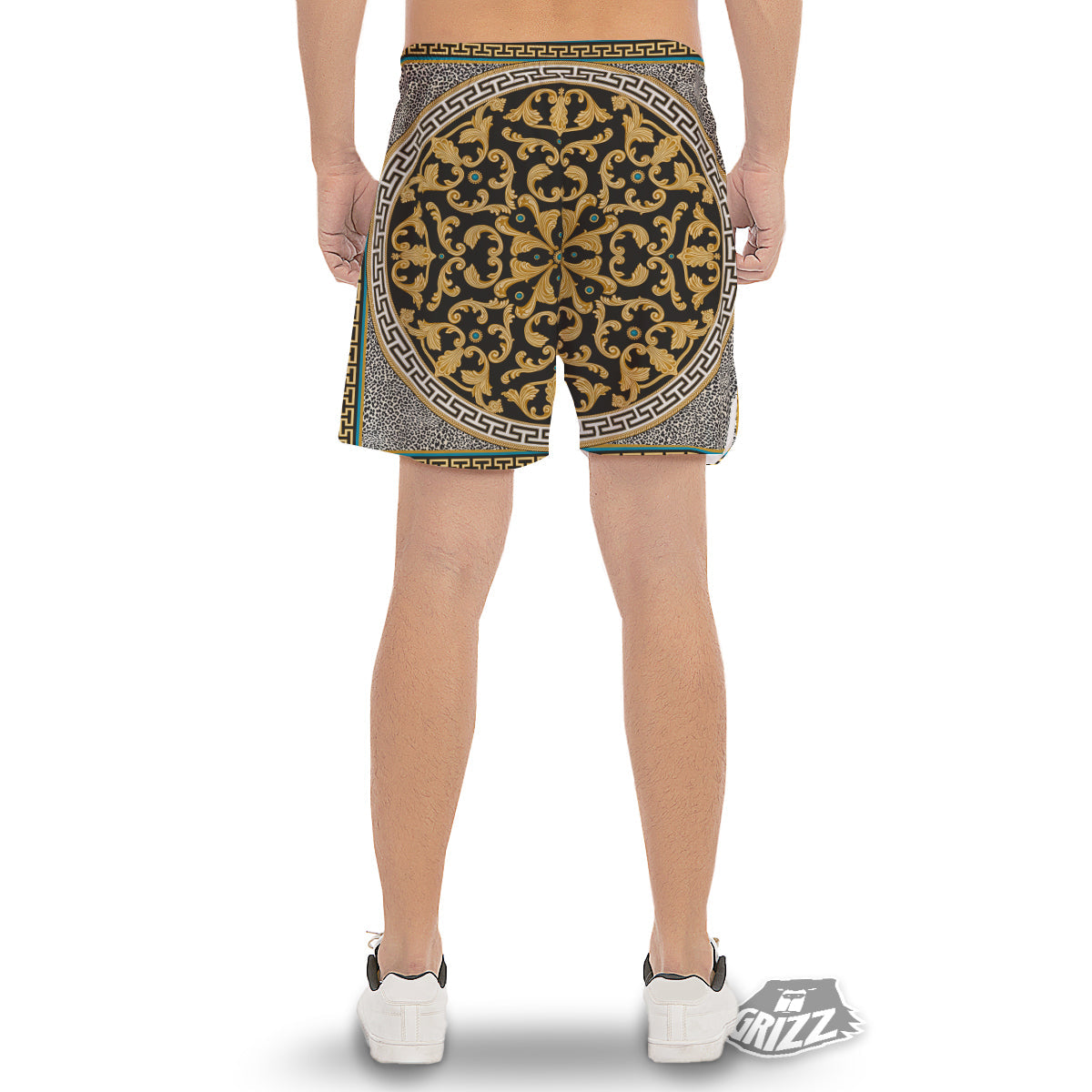 Golden Baroque Leopard Skin Print Men's Gym Shorts-grizzshop