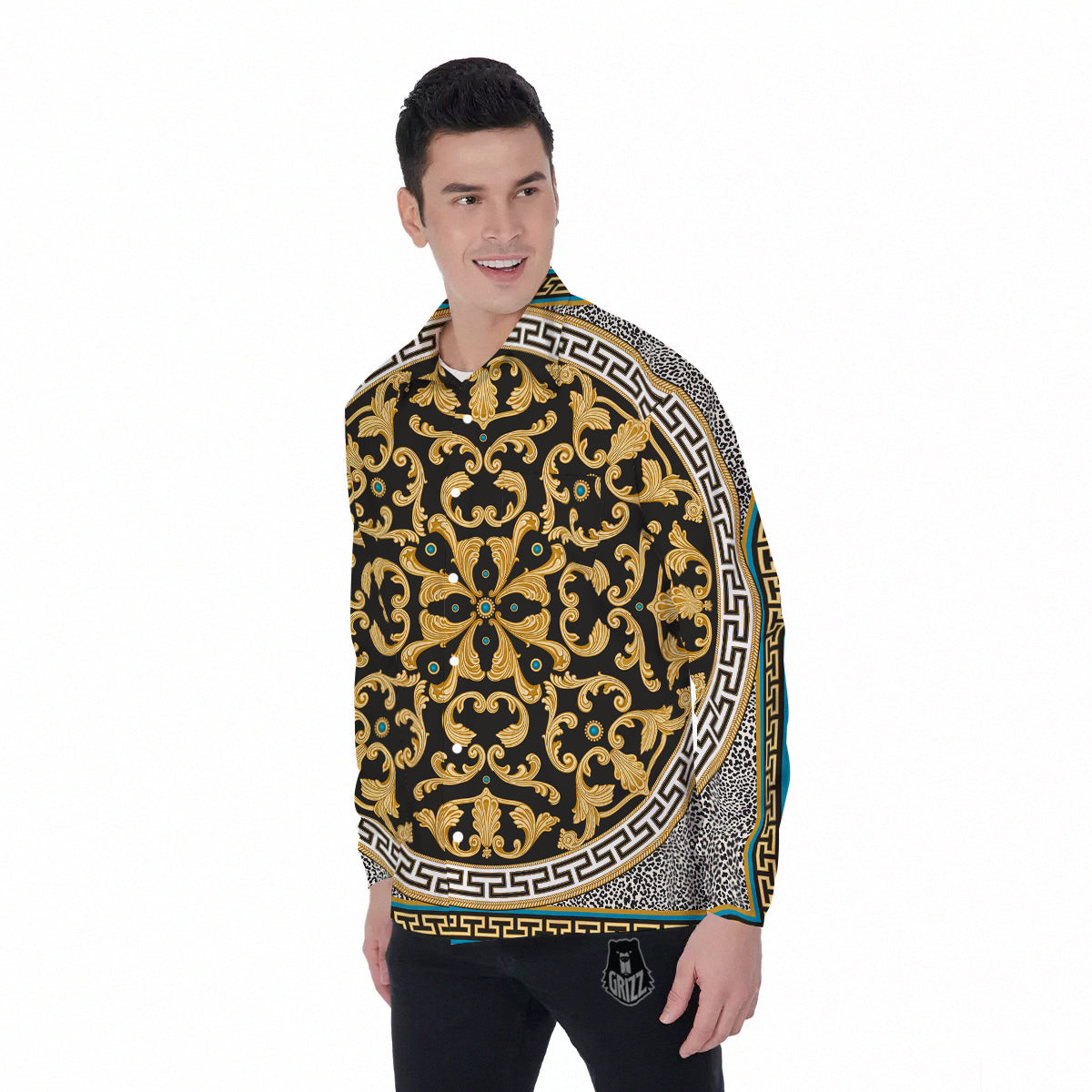 Golden Baroque Leopard Skin Print Men's Long Sleeve Shirts-grizzshop