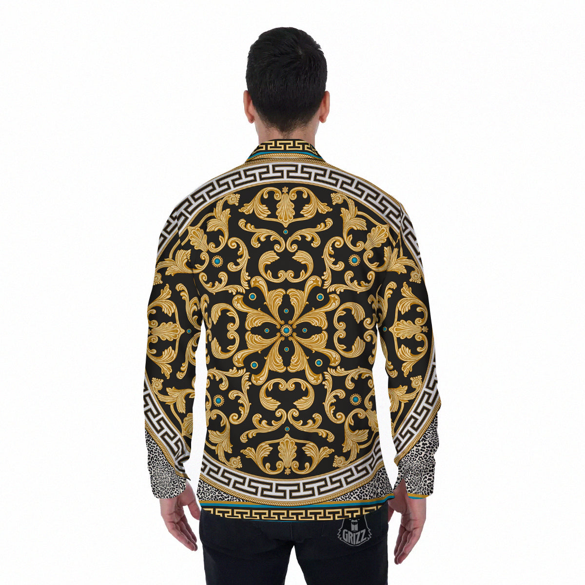 Golden Baroque Leopard Skin Print Men's Long Sleeve Shirts-grizzshop