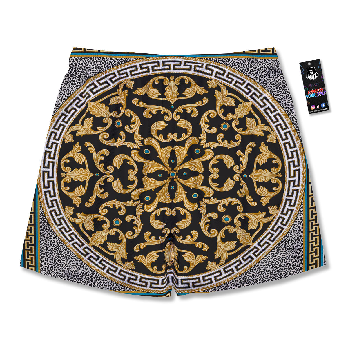 Golden Baroque Leopard Skin Print Men's Running Shorts-grizzshop
