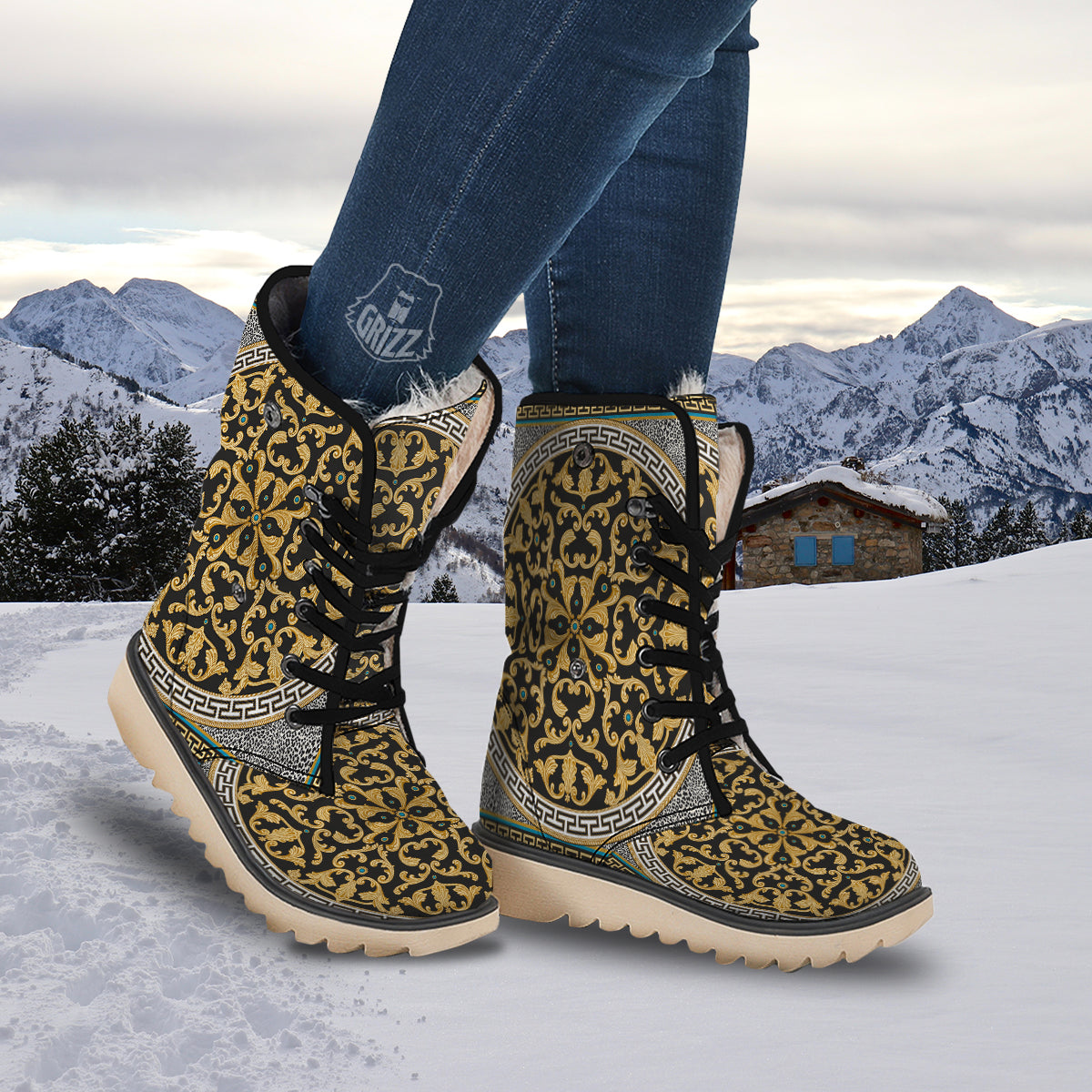 Golden Baroque Leopard Skin Print Snow Boots-grizzshop