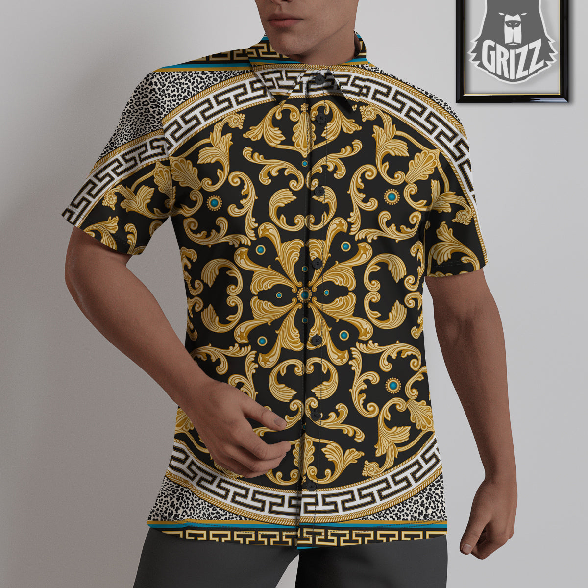 Golden Baroque Leopard Skin Print Untucked Shirts-grizzshop