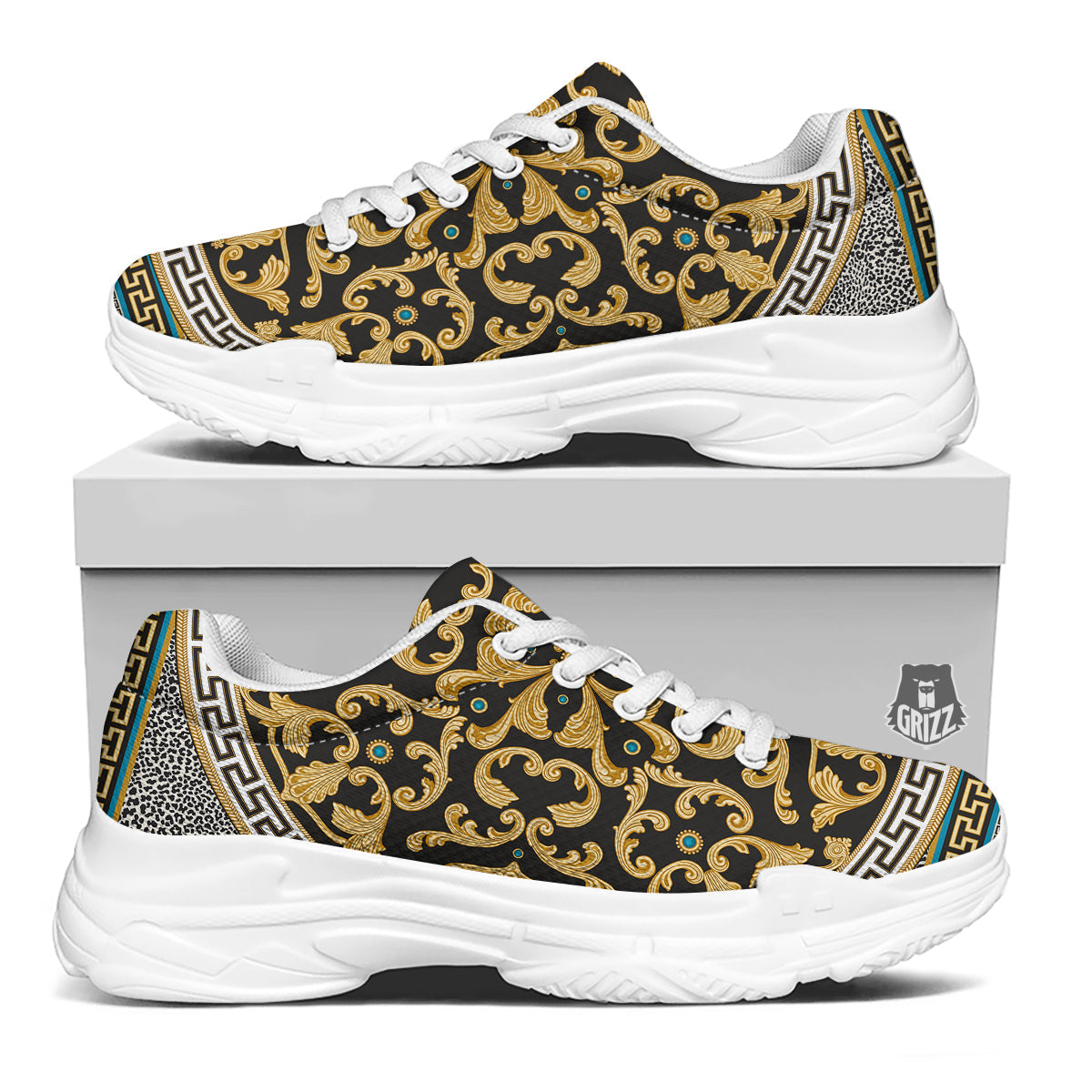 Golden Baroque Leopard Skin Print White Chunky Shoes-grizzshop