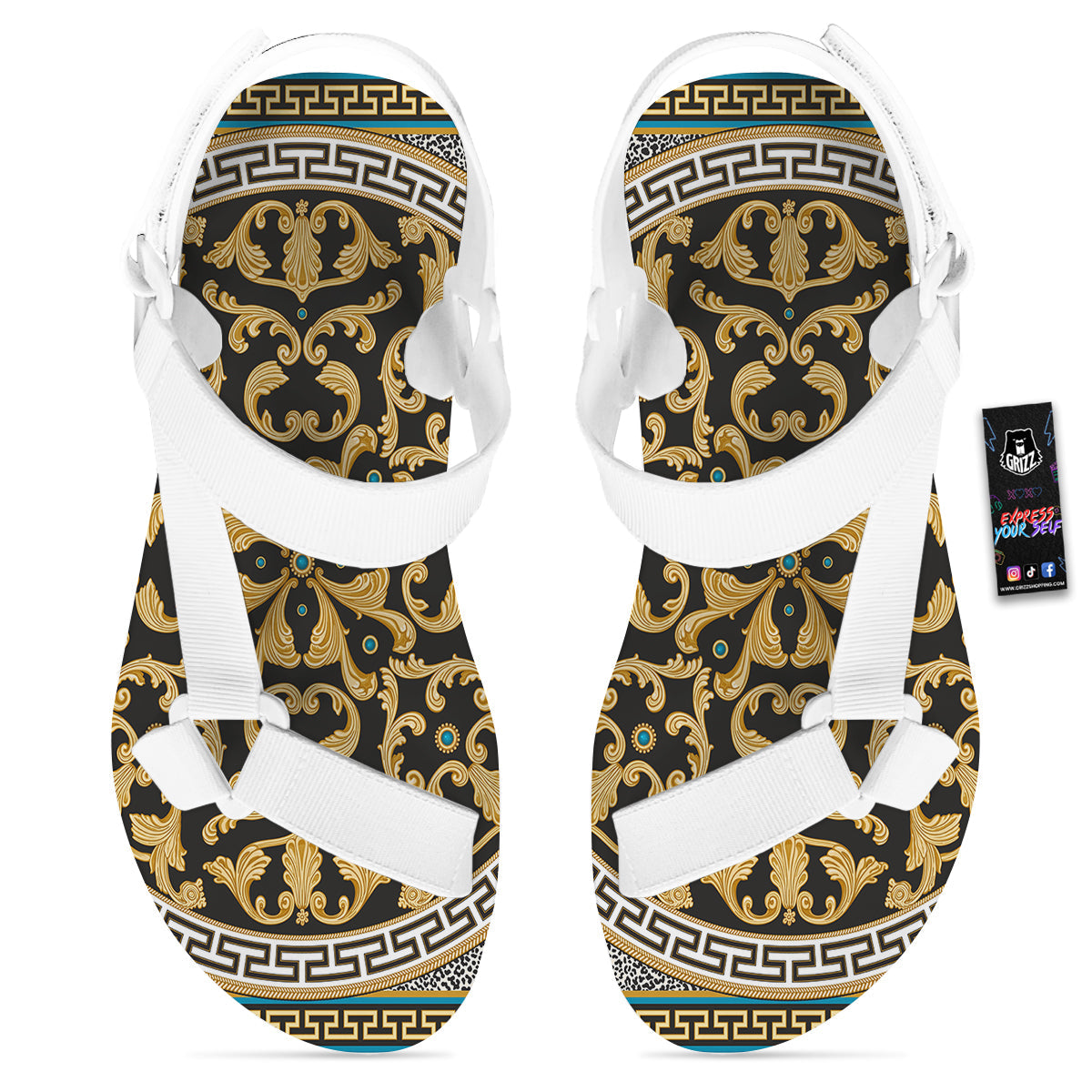 Golden Baroque Leopard Skin Print White Open Toe Sandals-grizzshop