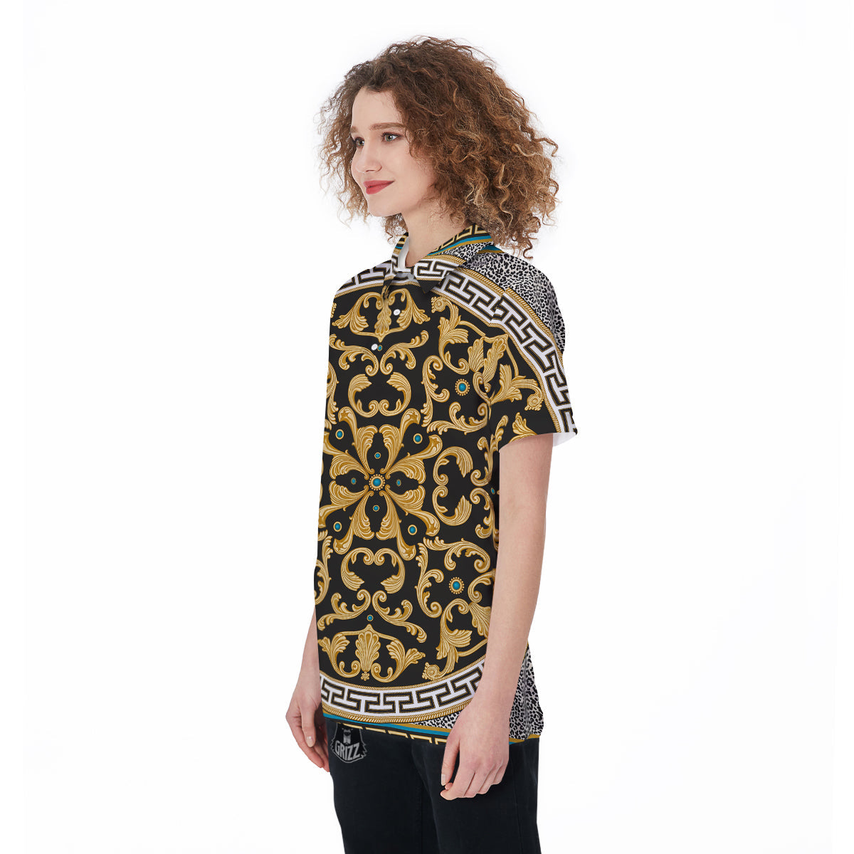 Golden Baroque Leopard Skin Print Women's Golf Shirts-grizzshop