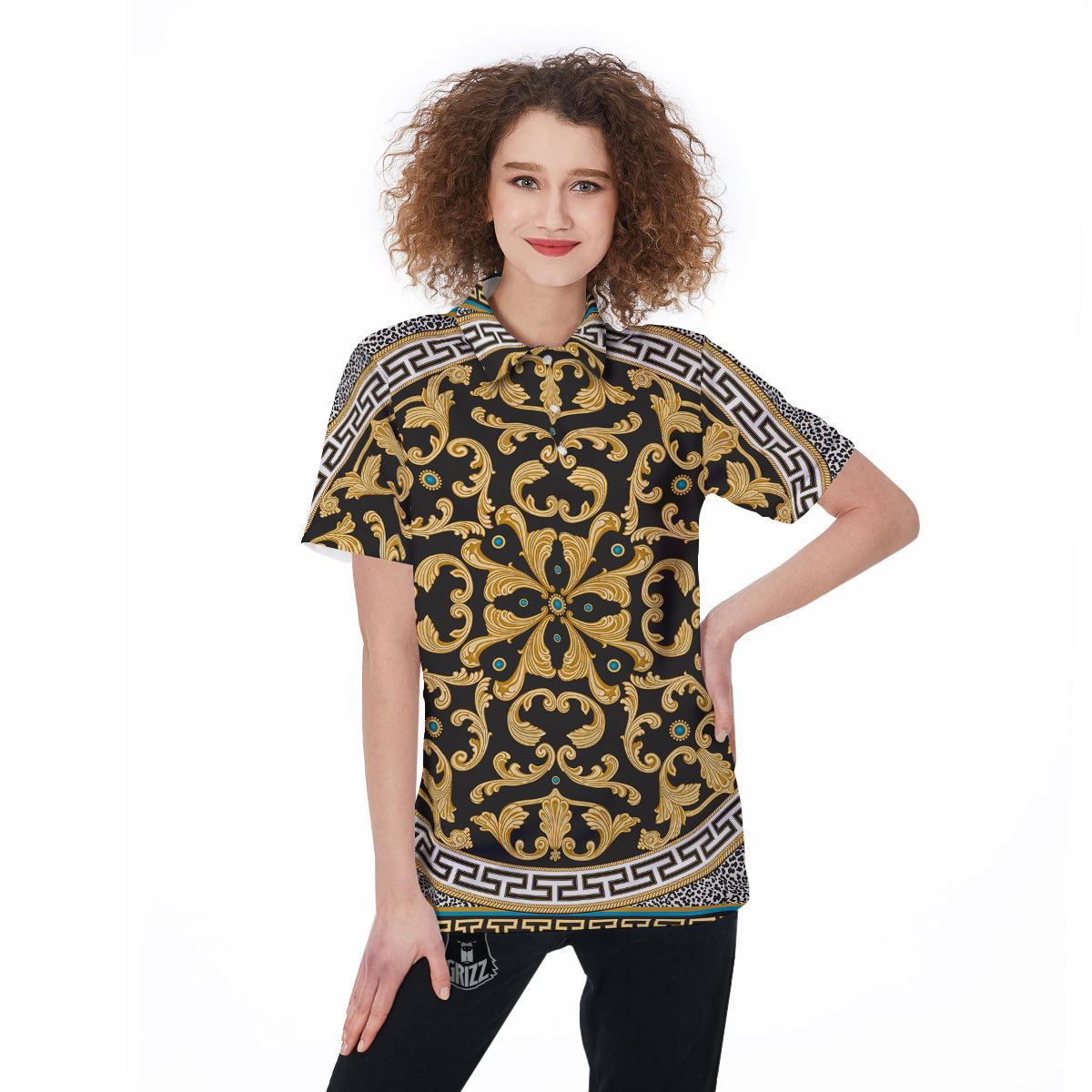 Golden Baroque Leopard Skin Print Women's Golf Shirts-grizzshop