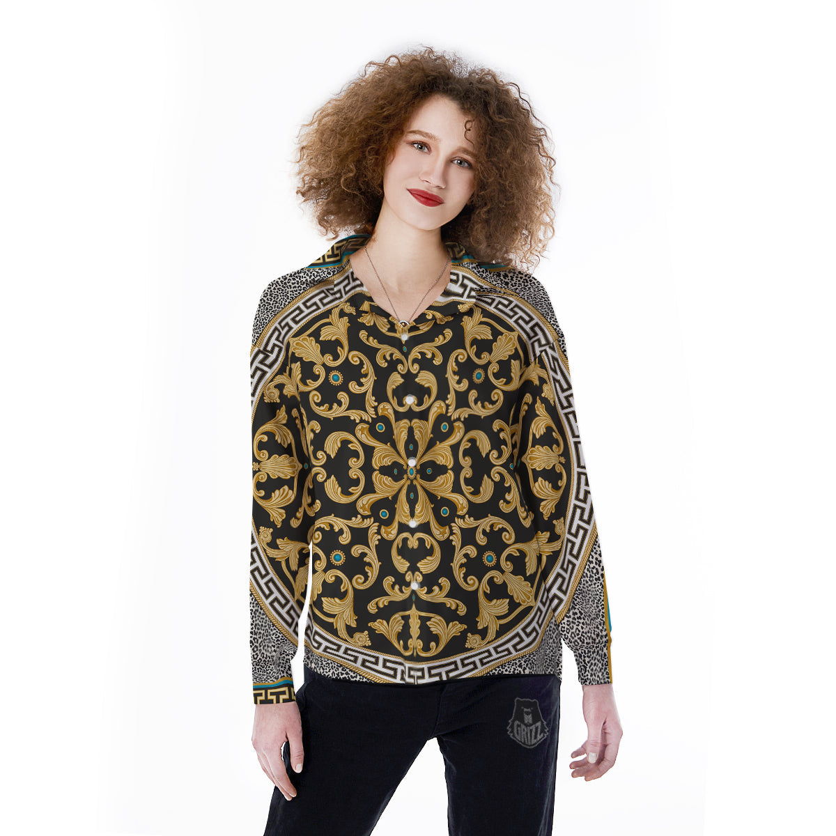 Golden Baroque Leopard Skin Print Women's Long Sleeve Shirts-grizzshop