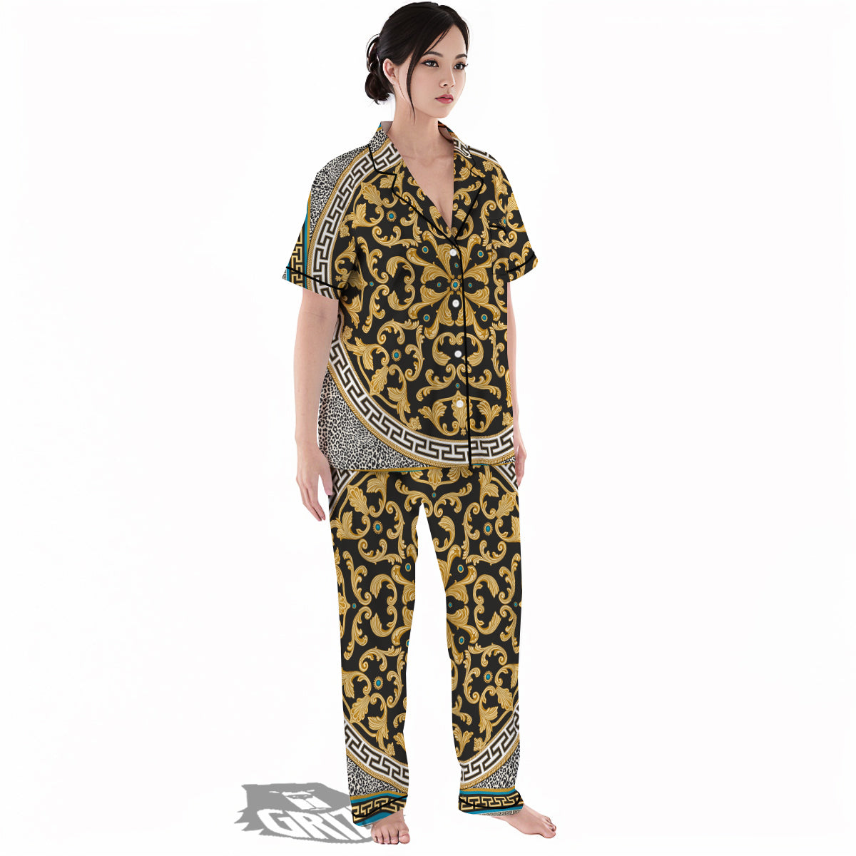 Golden Baroque Leopard Skin Print Women's Pajamas Set-grizzshop