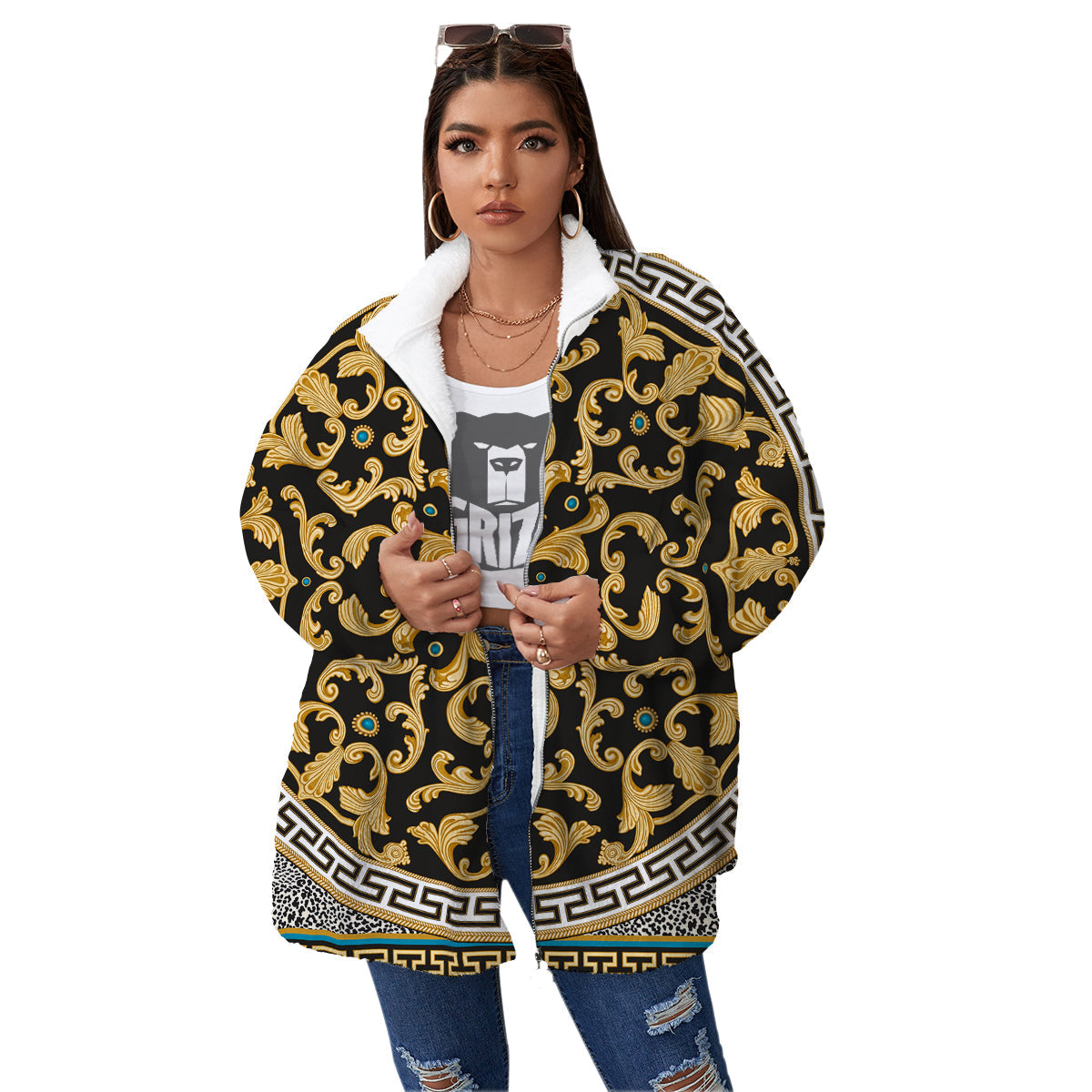 Golden Baroque Leopard Skin Print Women's Sherpa Jacket-grizzshop