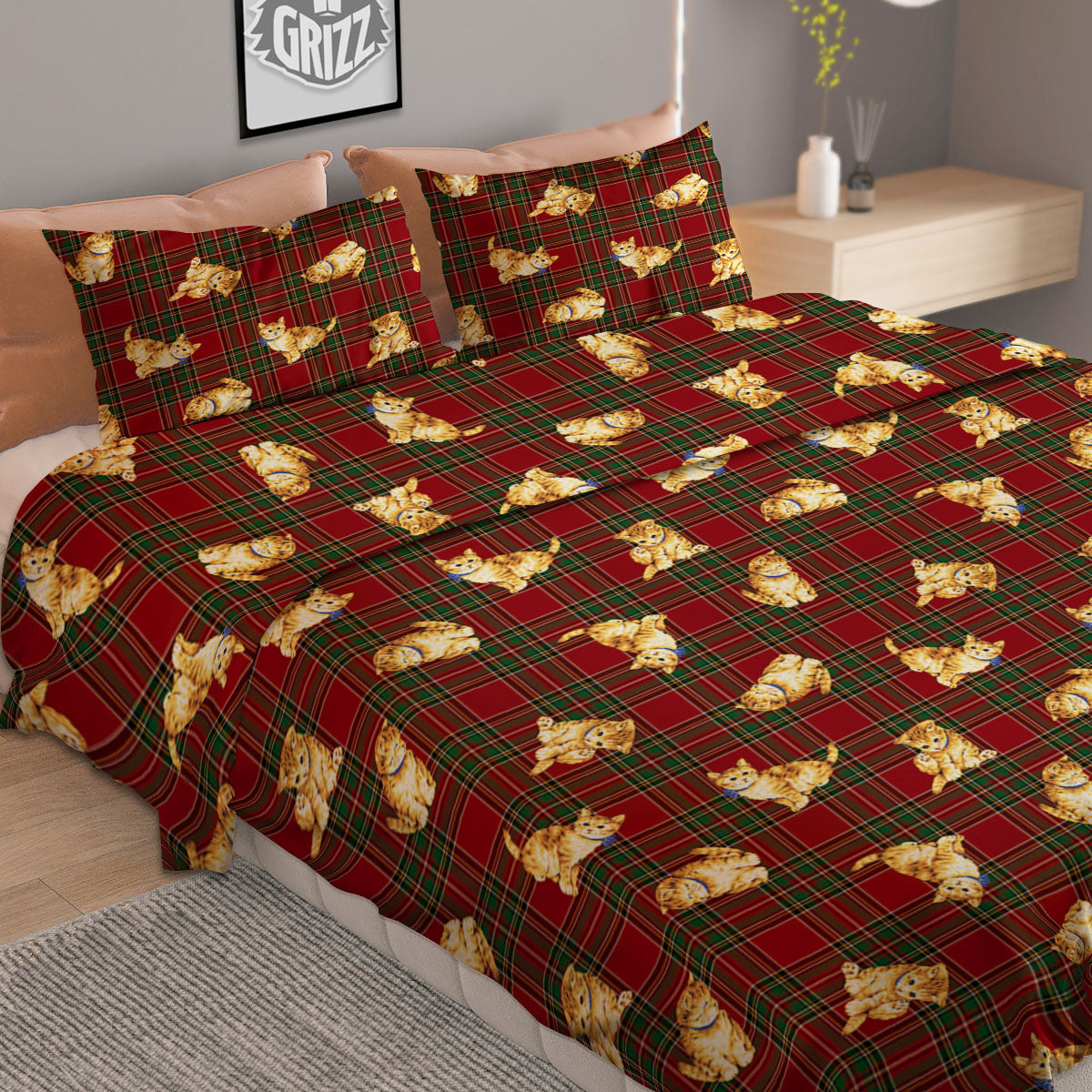 Golden Cat Tartan Print Pattern Duvet Cover Bedding Set