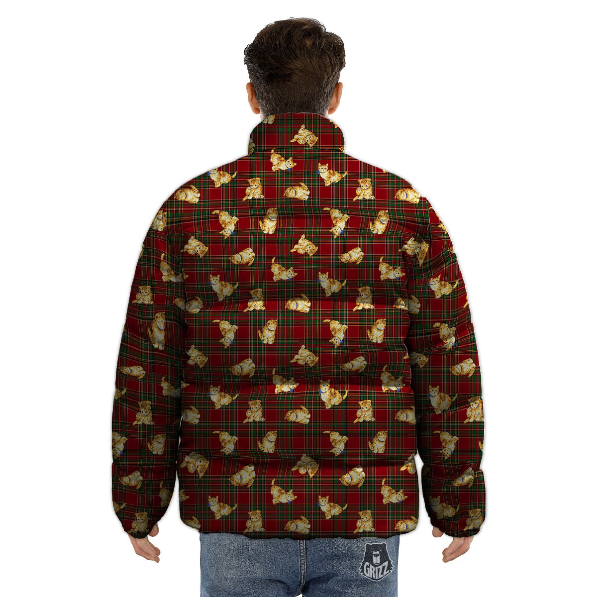 Golden Cat Tartan Print Pattern Puffer Jacket-grizzshop