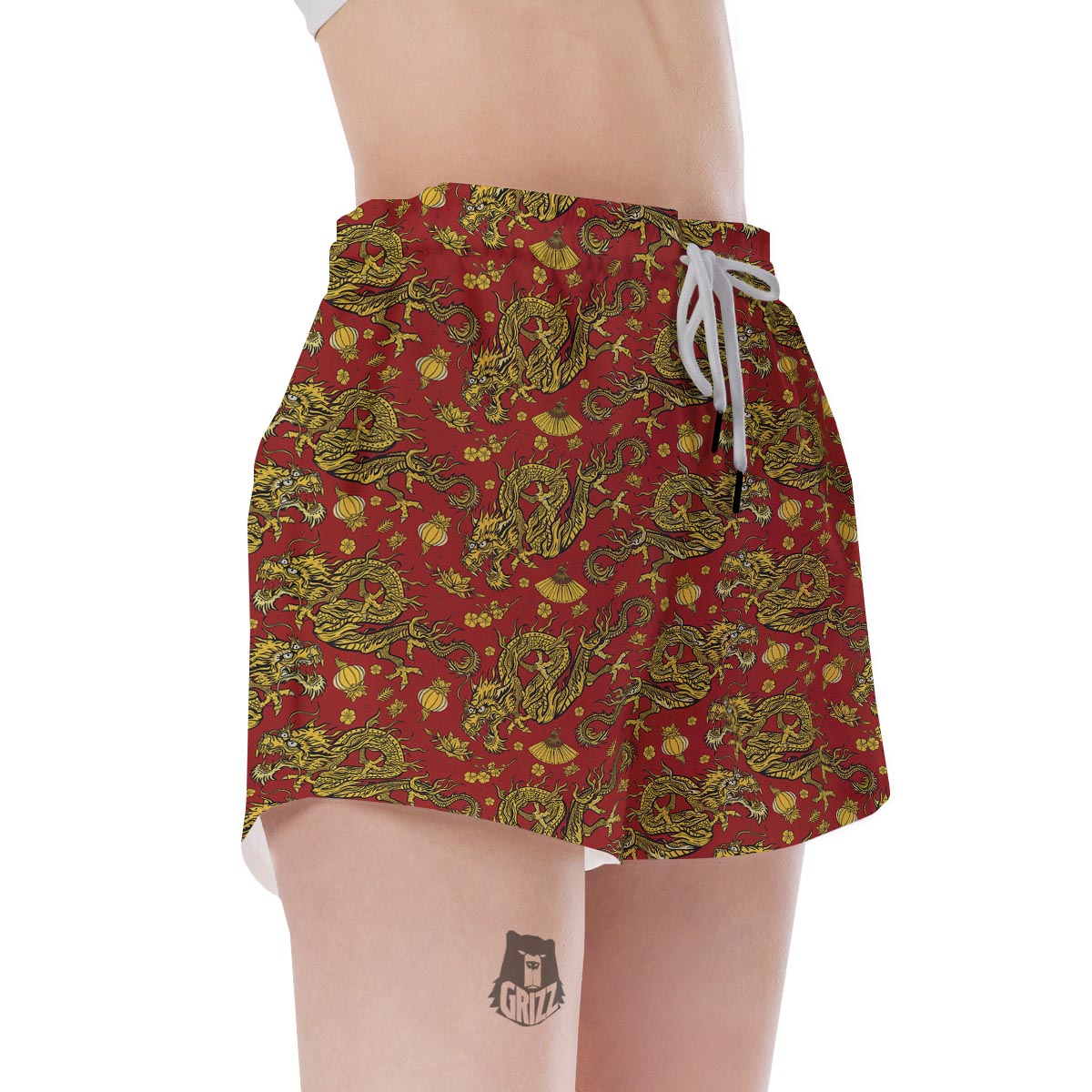 Golden Chinese Dragon Floral Print Women's Shorts-grizzshop