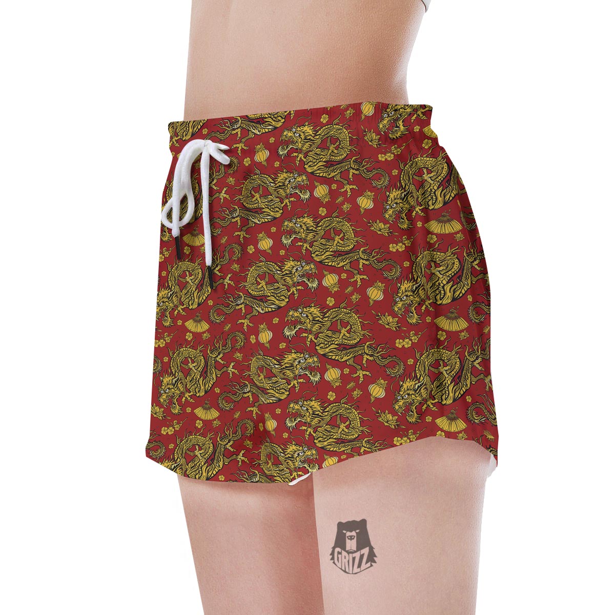 Golden Chinese Dragon Floral Print Women's Shorts-grizzshop