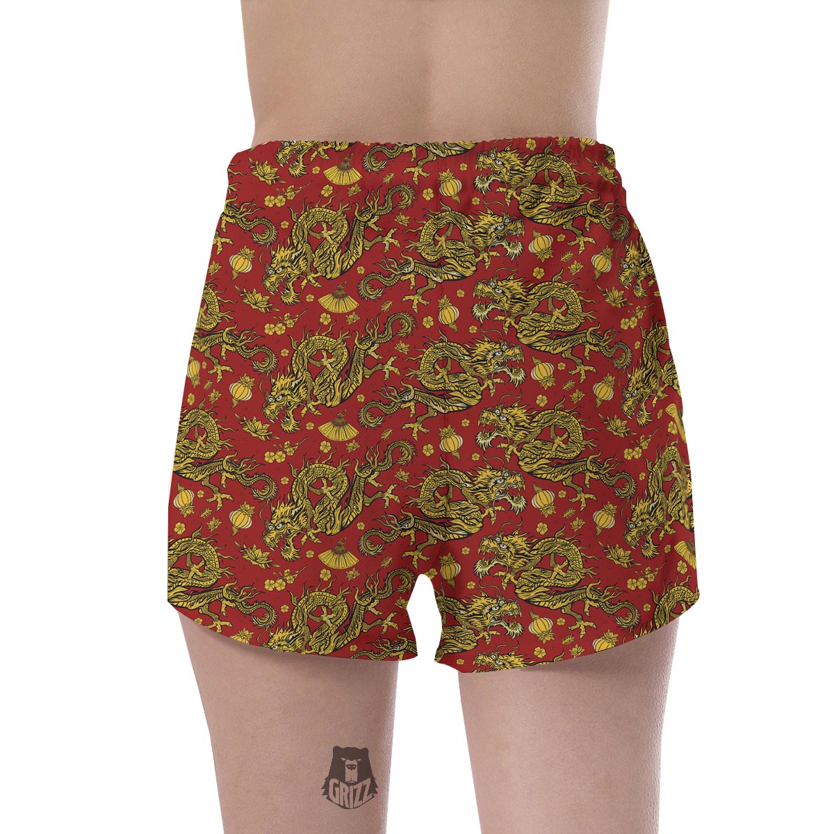 Golden Chinese Dragon Floral Print Women's Shorts-grizzshop