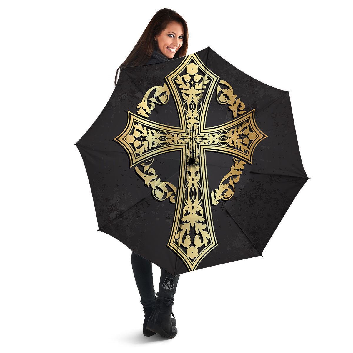 Golden Cross Ornamental Print Umbrella-grizzshop