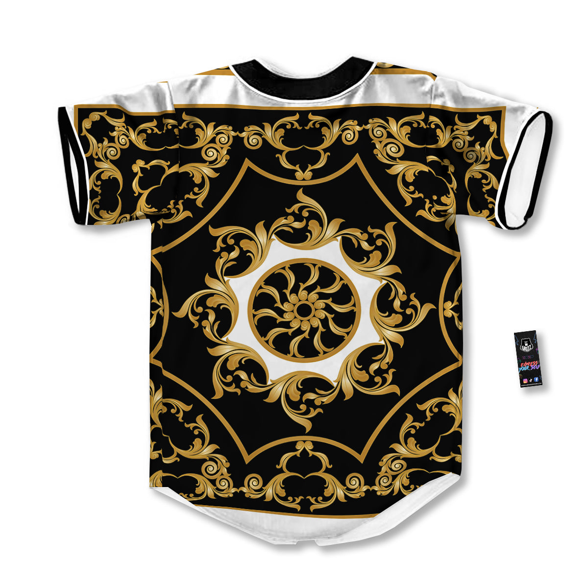 Golden Floral Baroque Black White Print Baseball Jersey-grizzshop