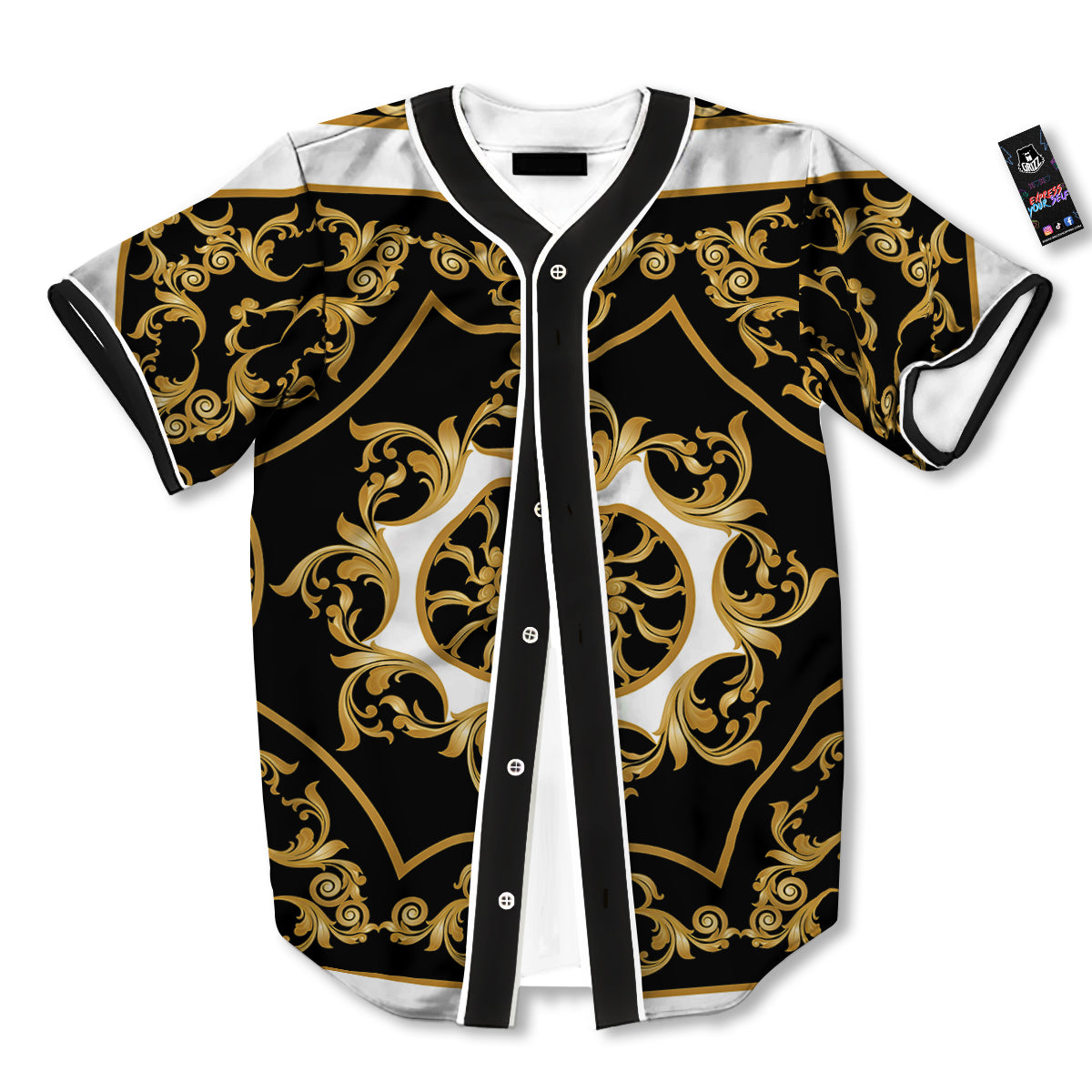 Golden Floral Baroque Black White Print Baseball Jersey-grizzshop