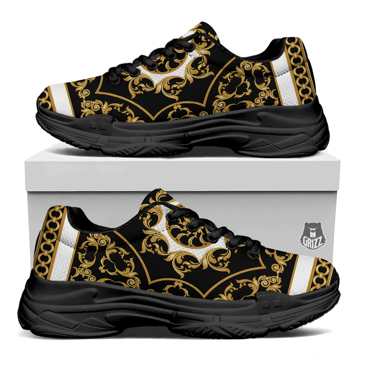 Golden Floral Baroque Black White Print Black Chunky Shoes-grizzshop