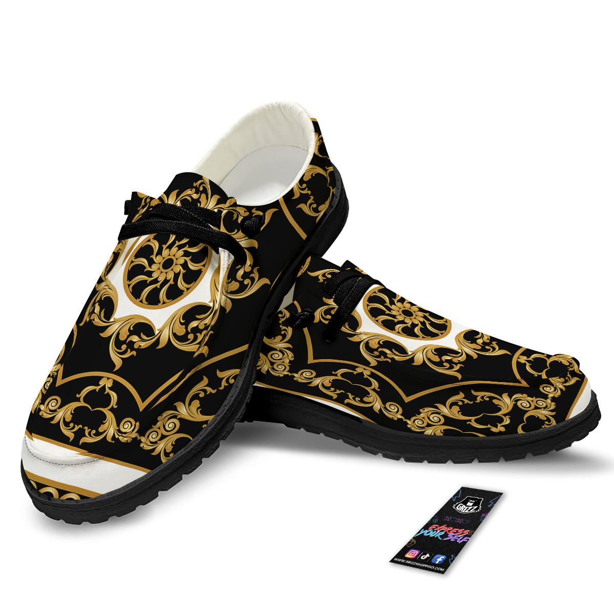 Golden Floral Baroque Black White Print Black Loafers-grizzshop