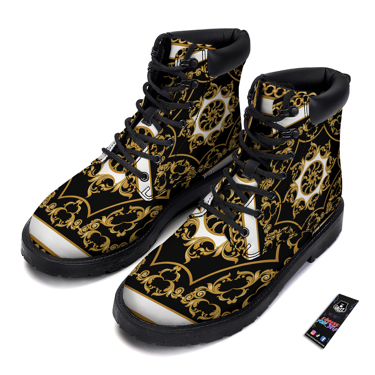 Golden Floral Baroque Black White Print Boots-grizzshop