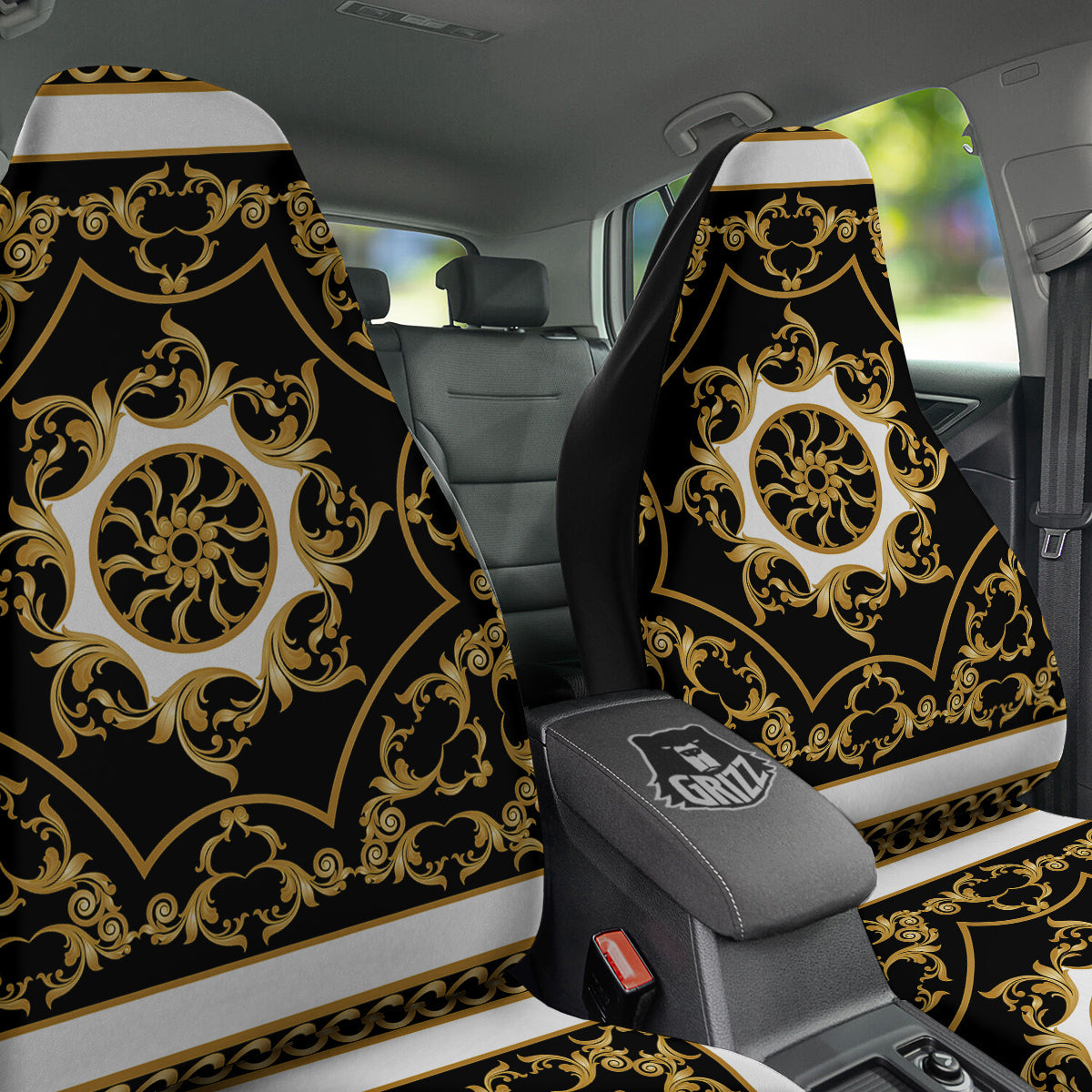 Golden Floral Baroque Black White Print Car Seat Covers-grizzshop