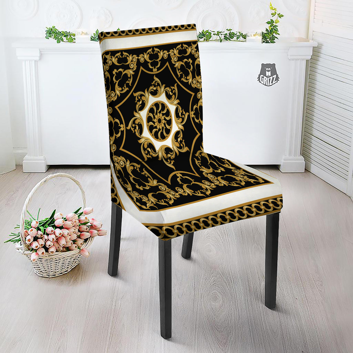 Golden Floral Baroque Black White Print Dining Chair Slipcover-grizzshop